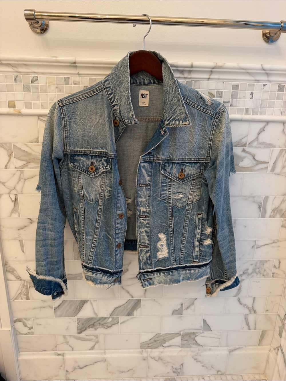 NSF Light Wash Distressed Denim Trucker Jacket